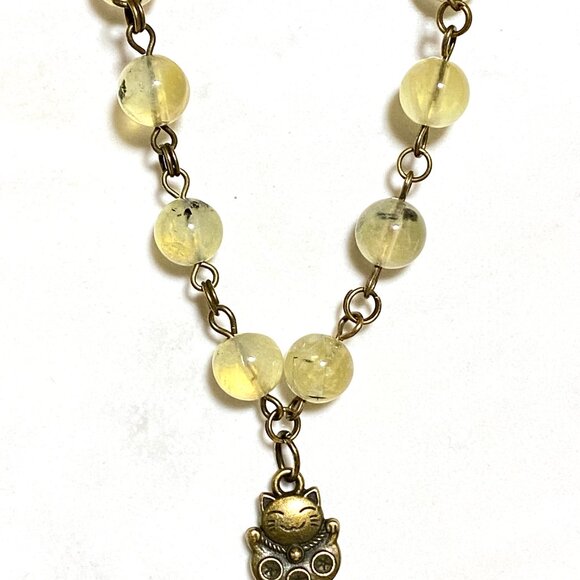 Natural Yellow Green Prehnite Necklace, Bronze Fortune Cat + Genuine Gemstone - Picture 4 of 16